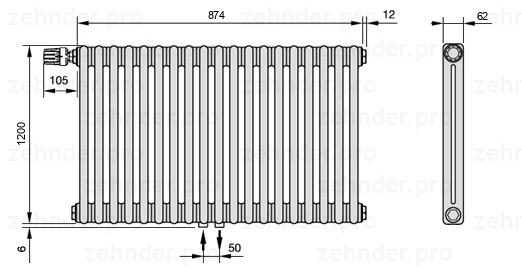 Схема (чертеж) Радиатор Zehnder Charleston 2120/19 №V007 Белый глянцевый RAL 9016